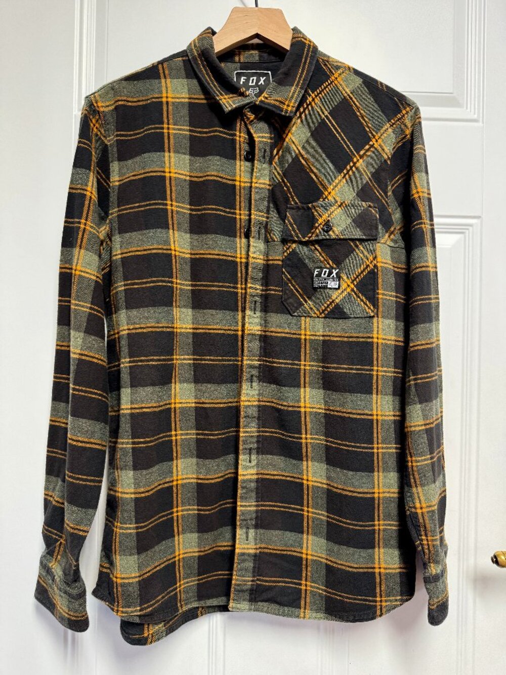FOX Men's Flannel Shirt in black, olive, and orange, Medium